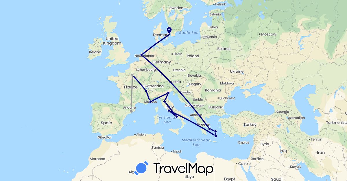 TravelMap itinerary: driving, plane in Denmark, Spain, France, Greece, Italy, Monaco, Netherlands, Vatican City (Europe)